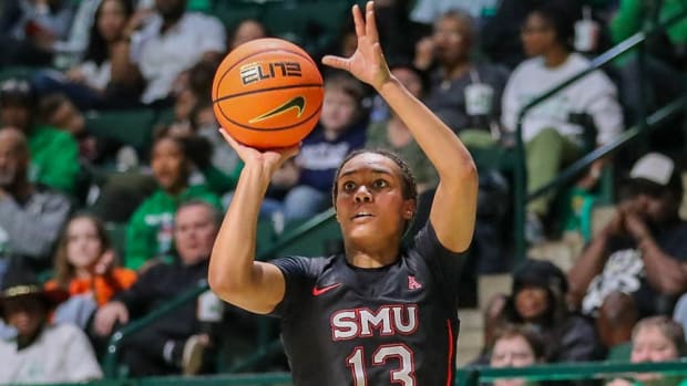 SMU's Reagan Bradley puts up a shot against North Texas